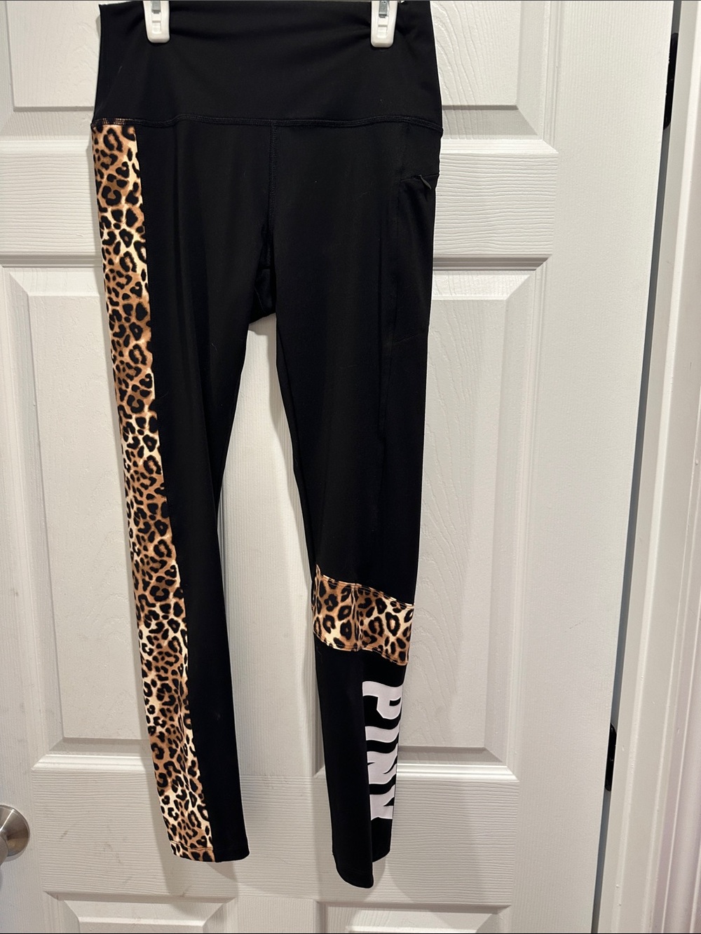PINK Victoria's Secret Black Leggings with Leopard Panels